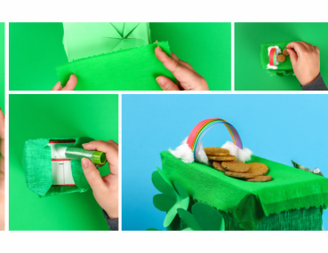 A series of images showcasing the step-by-step process of creating a STEM-inspired leprechaun trap for St. Patrick's Day, blending creativity and engineering concepts.