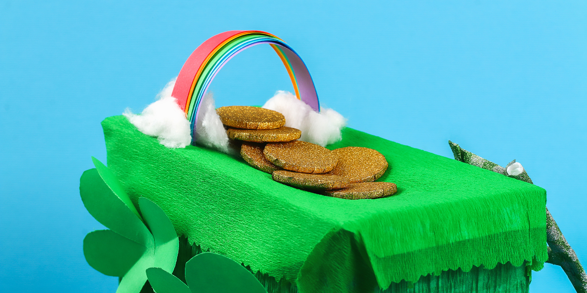 The final step in the leprechaun trap project, showcasing the completed trap adorned with glitter, gold coins, and a tempting display to lure in a leprechaun.